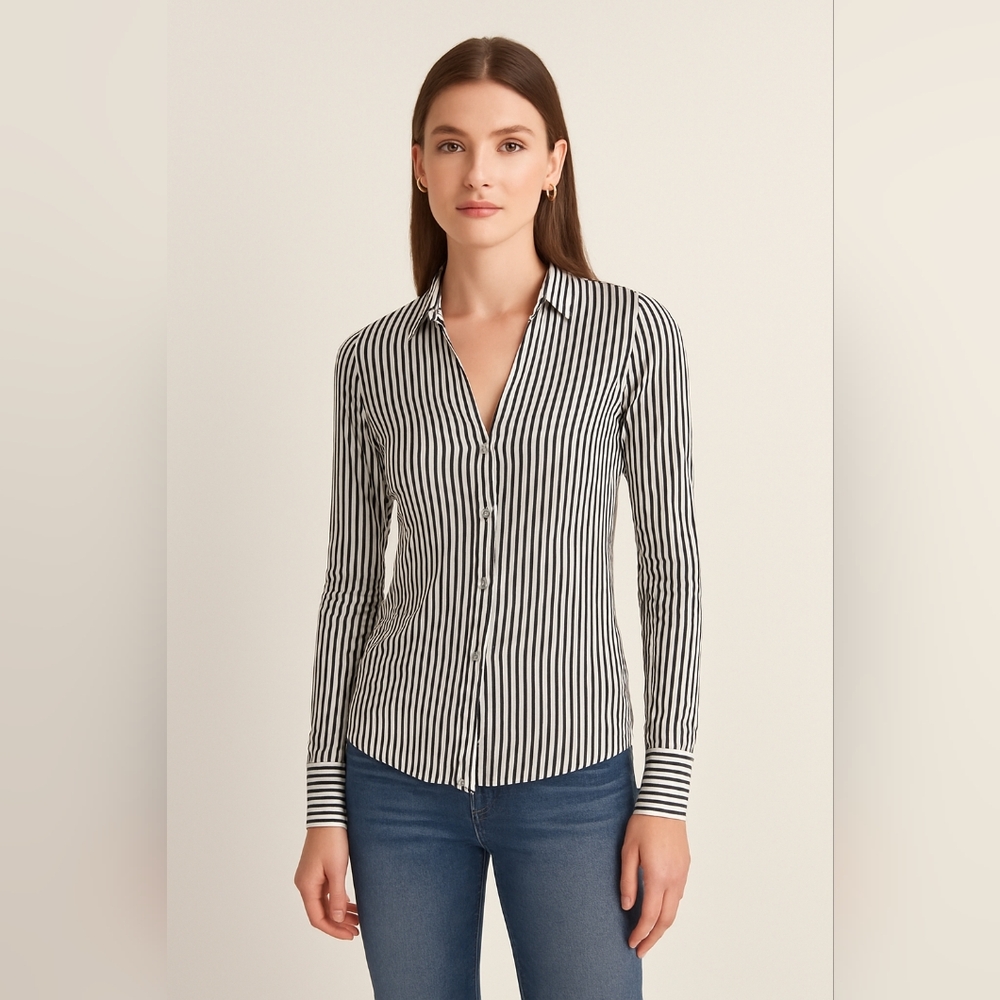 H&M Black and White Striped Sheer Button-Up Blouse – Size 4